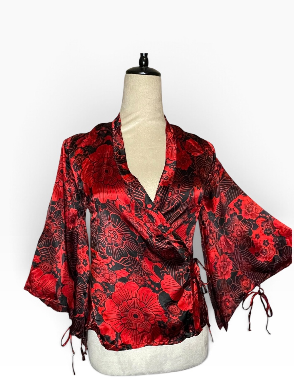 Angie Red & Black Floral Satin Wrap Blouse Y2K Boho Bell Sleeve